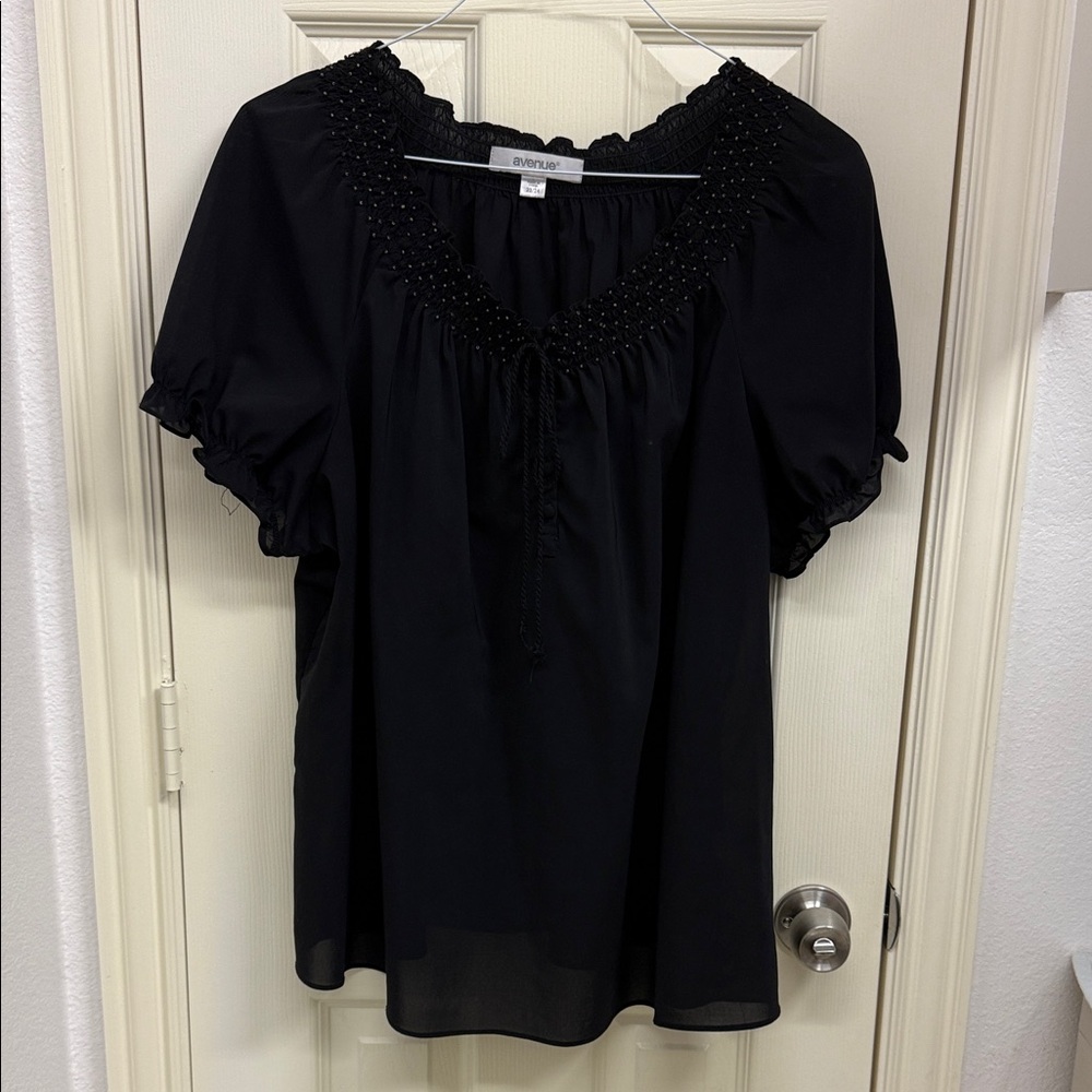 Avenue Black Blouse with Smocked Neckline